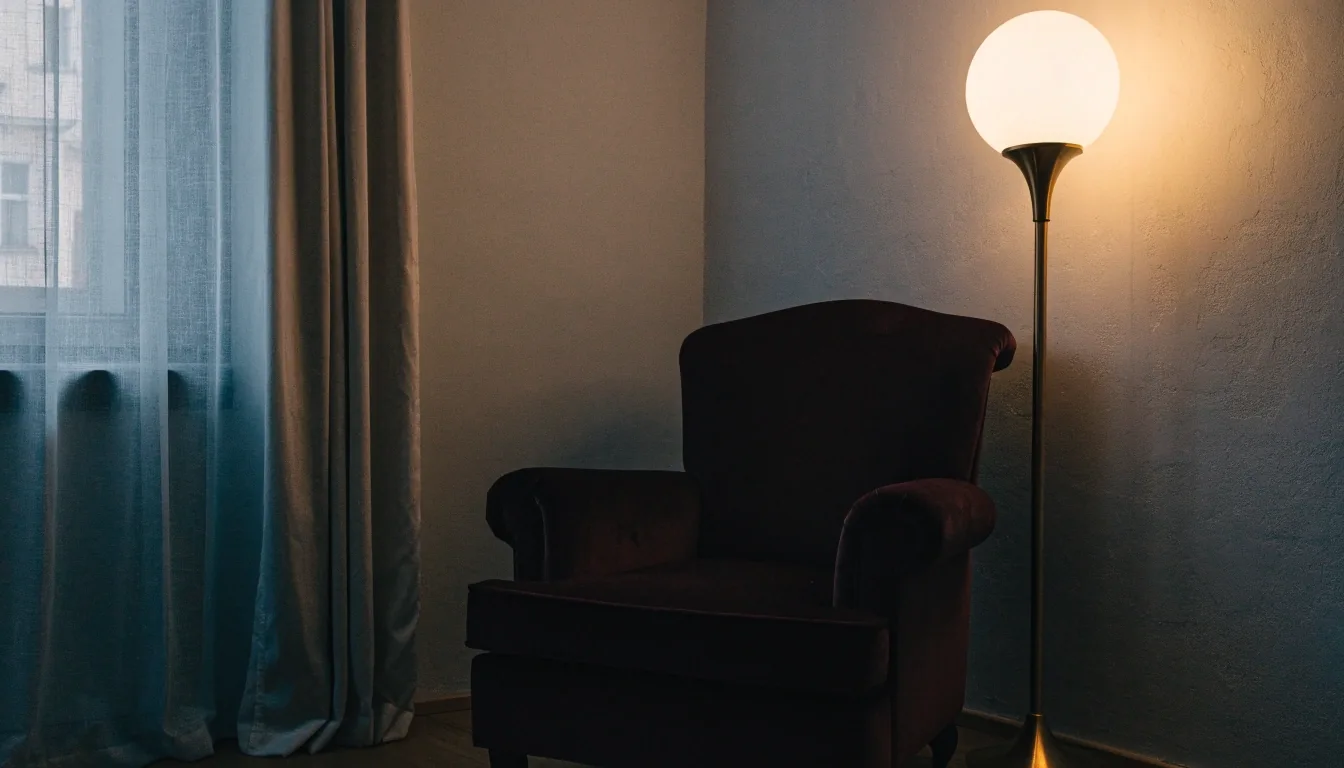 Naechtlicher Schreibtisch in einem ruhigen Redaktionsbuero mit Stapeln und Lampe