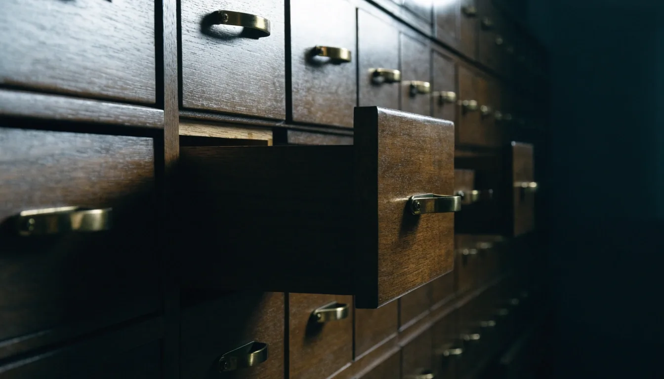 Offener Katalogschrank mit schmalen Schubladen in einem dunklen Archivraum