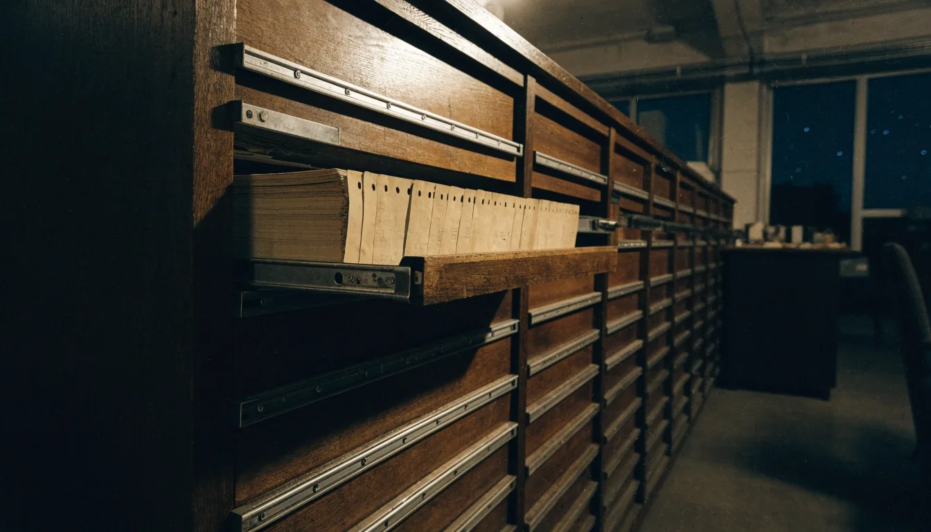 Recherche-Schubladen eines Archivschranks im Lesesaal bei Nacht, eine Schublade halb geöffnet