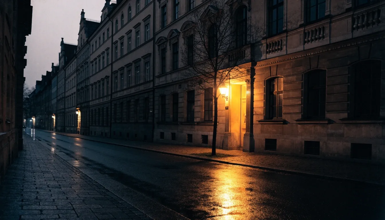 Redaktionsgebäude an der Ludwigstraße in München bei Nacht, warmes Licht aus dem Fenster