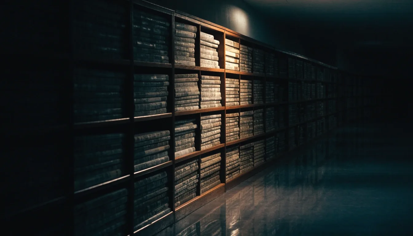 Archivregal mit gebundenen Bänden im Lesesaal bei Nacht
