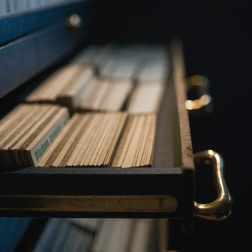 Ein halb geöffneter Kartenschuber in einem dunklen Archivraum: abgewetzte Kartonkanten, ein Metallgriff im warmen Deckenlicht, dahinter unscharfe Kartenreihen in tiefem Schatten.