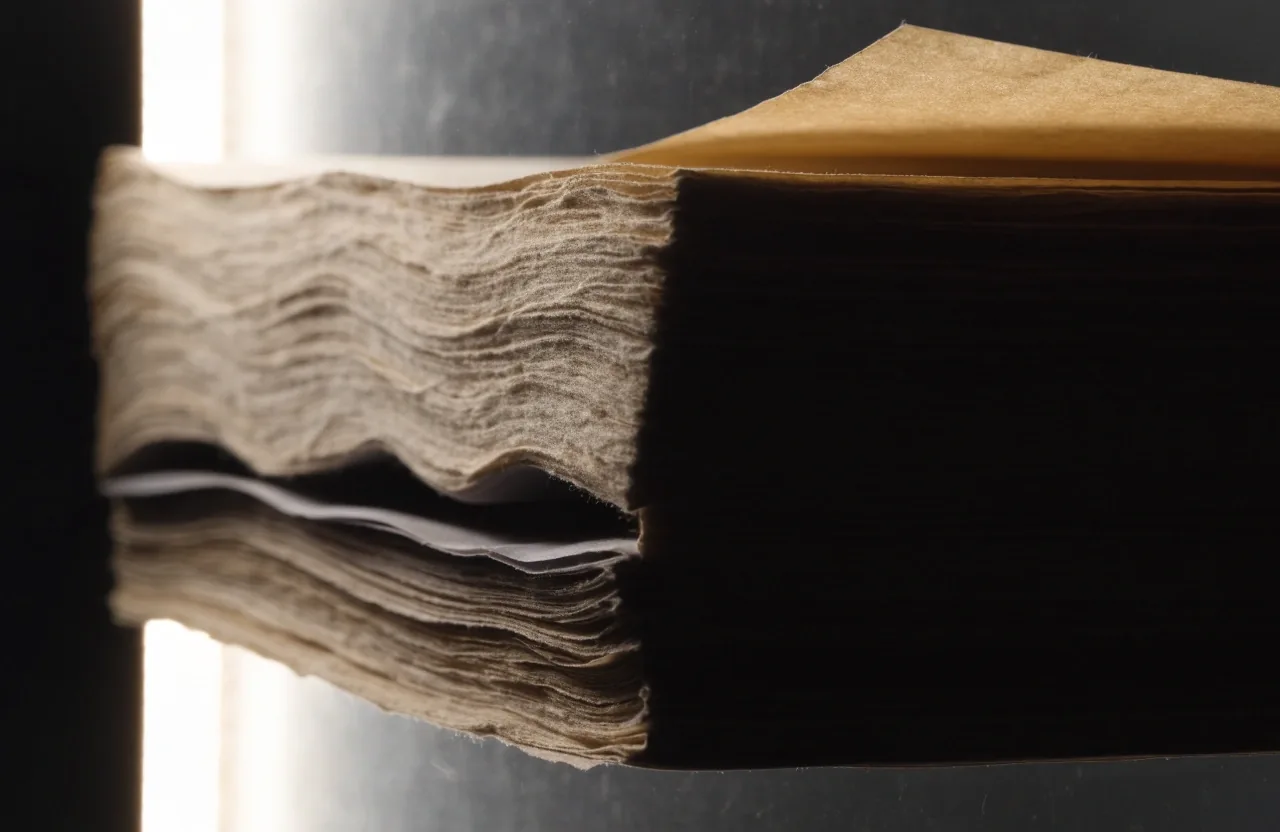 Makroaufnahme welliger Papierkanten eines Aktenstapels auf einem Lichttisch