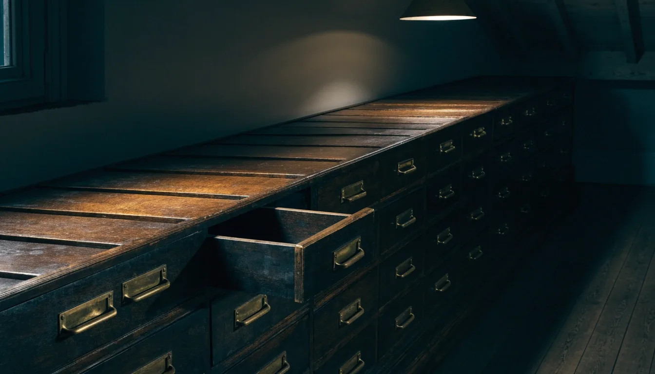 Nachtlicher Kartenschrank im Lesesaal mit halb geöffneter Schublade unter warmem Deckenlicht