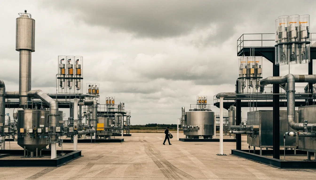 Versuchsanlage für Energieforschung mit Stahlrohren und Messcontainern unter bedecktem Himmel